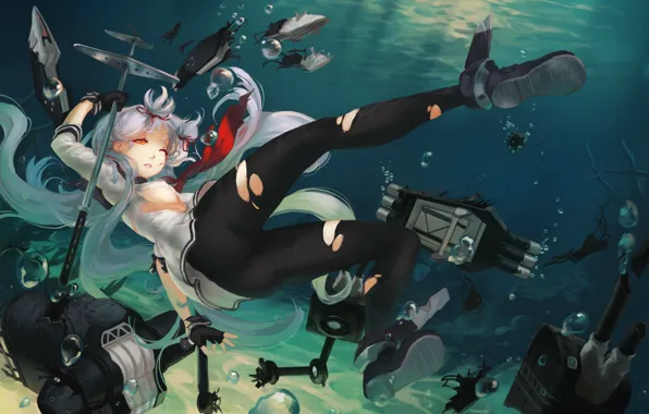 Picture sea, girl, weapons, art, drowning, doomfest, kantai collection, murakumo destroyer