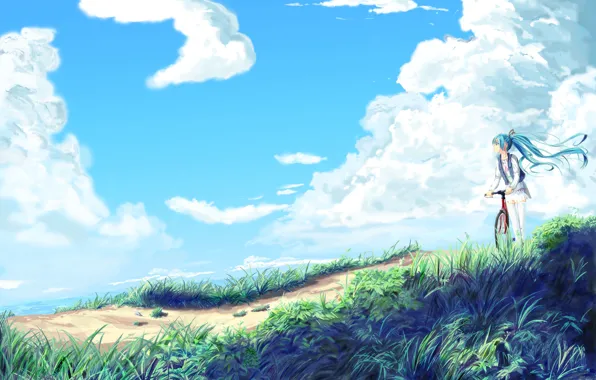 Picture the sky, girl, clouds, nature, bike, anime, art, vocaloid