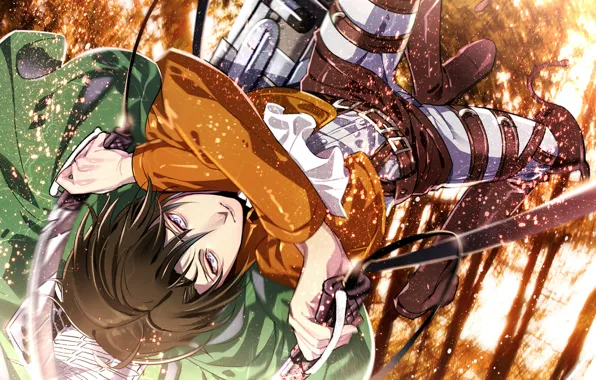 Picture forest, jump, sparks, guy, Attack on Titan, Shingeki no Kyojin, Rivaille, Levi
