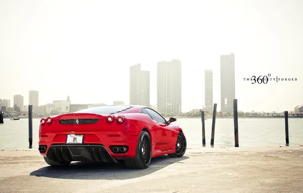 Picture red, F430, Ferrari, Ferrari, skyscrapers, the rear part, 360 three sixty forged