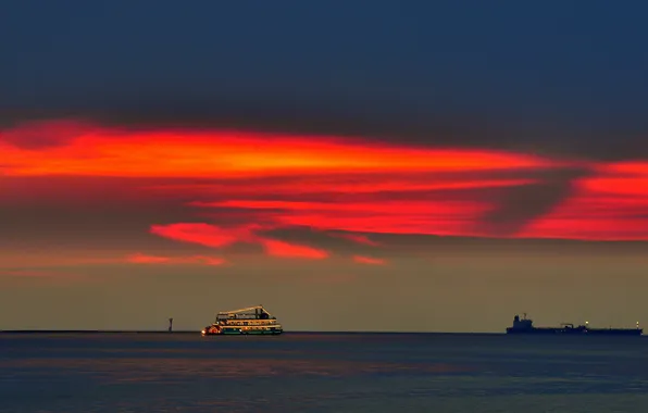 Sea, the sky, clouds, sunset, lights, ship, the evening, glow