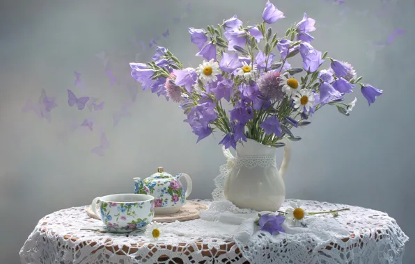 Summer, chamomile, bouquet, Cup, bells, teapot