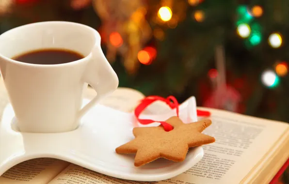 Picture lights, tea, star, coffee, cookies, Cup, book, saucer