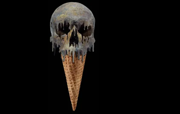 Picture skull, ice cream, black background, horn, poison, mucus, wafer