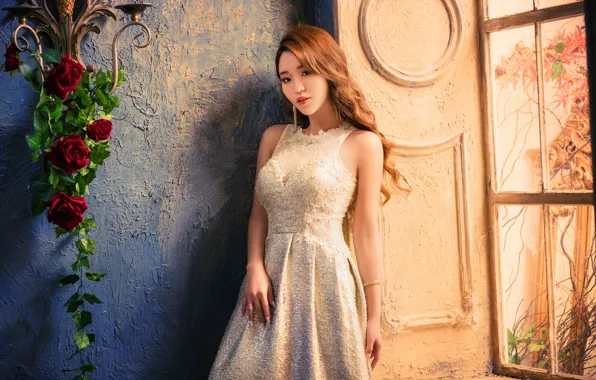 Girl, flowers, pose, style, wall, dress, window, Asian