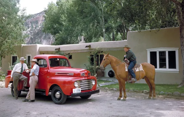 Trees, red, house, retro, horse, Ford, Ford, cowboy