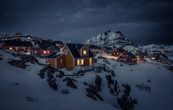Snow, mountains, night, lights, home, storm, Greenland, gray clouds