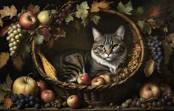 Cat, cat, look, pose, the dark background, grey, apples, corn