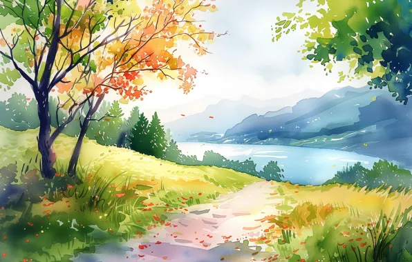 Autumn, forest, trees, landscape, nature, shore, foliage, watercolor