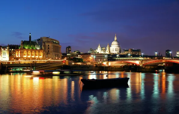 Night, bridge, lights, river, London, london