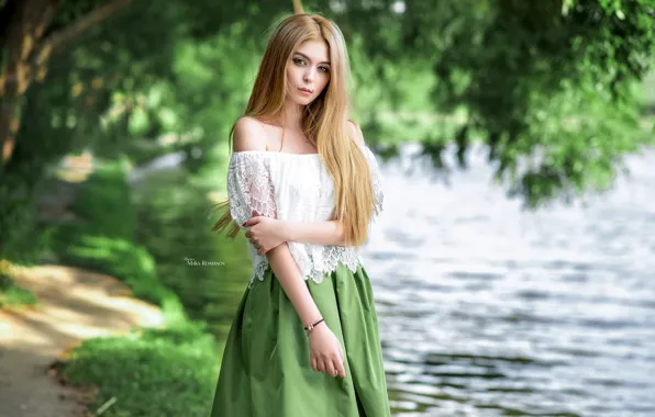 Water, girl, trees, blonde, Maxim Romanov