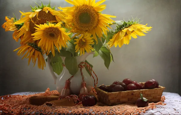 Sunflowers, table, vase, still life, plum, tablecloth