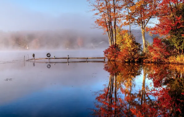 Autumn, fog, lake, morning, the bridge