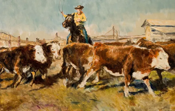 Cows, cowboy, Genre painting, PAL Fried, In the barnyard