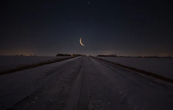 Winter, road, the sky, snow, landscape, night, nature, the moon