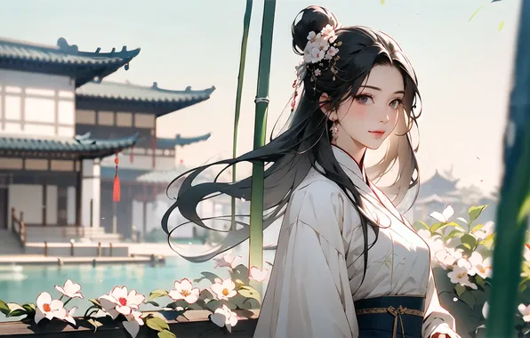 Asian, long hair, water, flowers, leaves, women, digital art, smiling