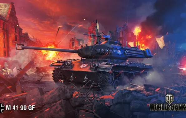 Picture night, the city, fire, smoke, the ruins, tank, German, World of Tanks