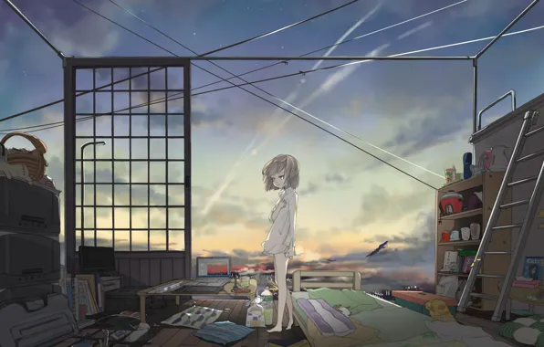 The sky, girl, stars, clouds, sunset, room, things, anime