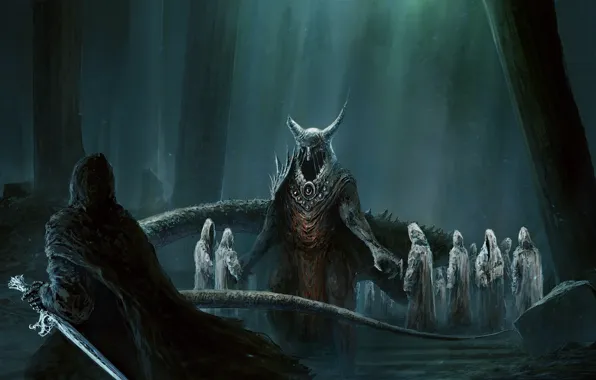Picture forest, roots, horns, sword, demons, undead, Digital Art, ChrisCold
