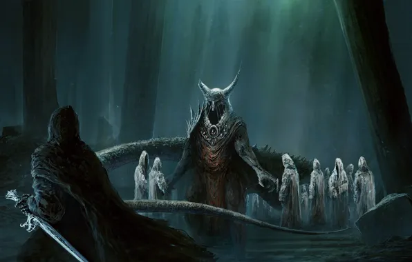 Forest, roots, horns, sword, demons, undead, Digital Art, ChrisCold