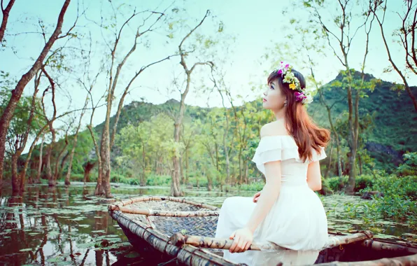 Picture girl, nature, boat, Asian
