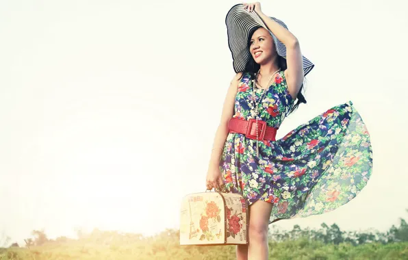 Girl, suitcase, hat