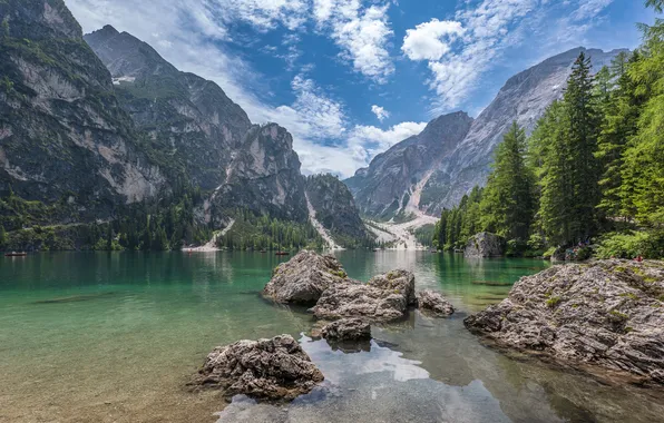 Clouds, trees, mountains, lake, stones, clear water, space, magnificent landscape