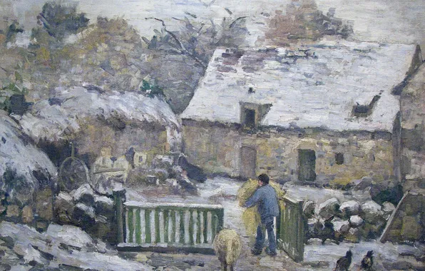 House, picture, yard, genre, Camille Pissarro, Farm Manful