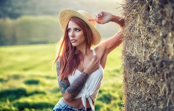 Picture girl, hat, photographer, model, tattoo, jeans, redhead, tank top