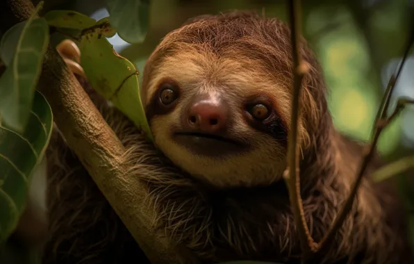 Look, leaves, nature, portrait, branch, sloth, face, bokeh