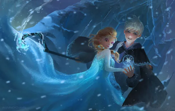 Girl, snow, art, staff, Frozen, guy, Rise of the Guardians, Rise of the guardians