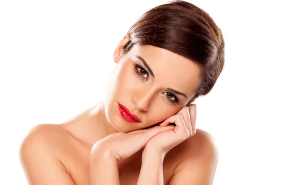 Picture look, face, pose, portrait, hands, makeup, hairstyle, white background