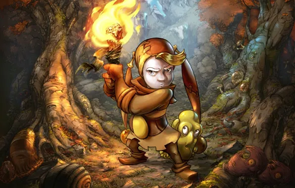 Autumn, forest, caterpillar, fire, flame, clown, torch, fire