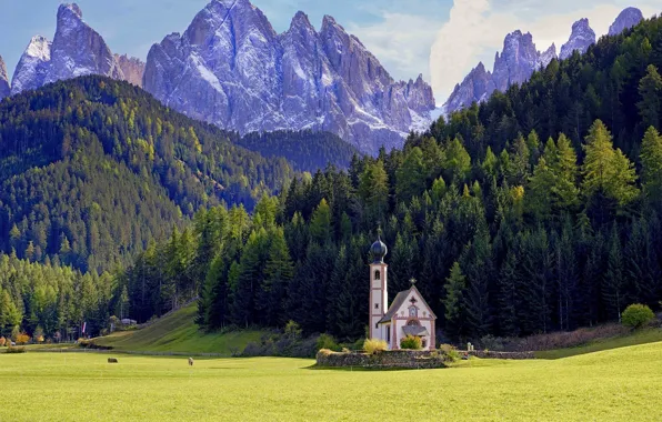 Forest, mountains, meadow, Italy, Church, Italy, The Dolomites, South Tyrol