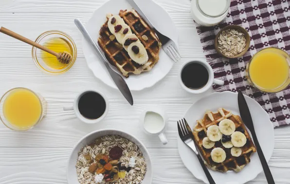Coffee, Breakfast, cream, juice, honey, banana, waffles, muesli