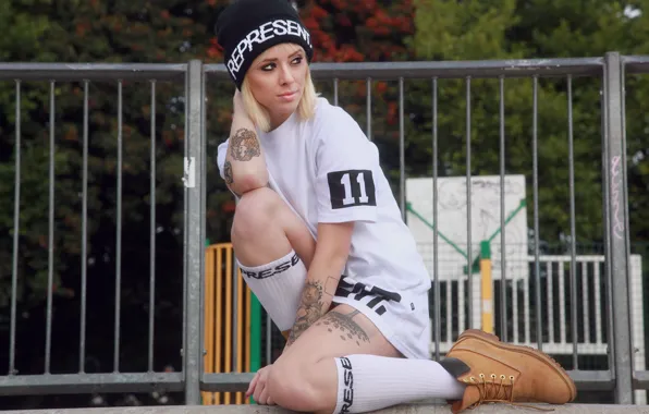 Girl, woman, model, tattoo, cap, blonde, tattoos, female