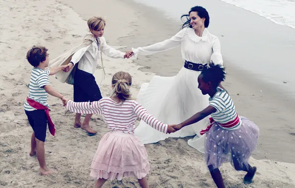 Picture sand, sea, children, shore, dress, actress, brunette, Angelina Jolie