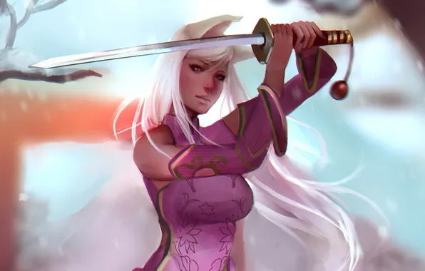 Look, girl, hair, sword, art, white hair, amelia