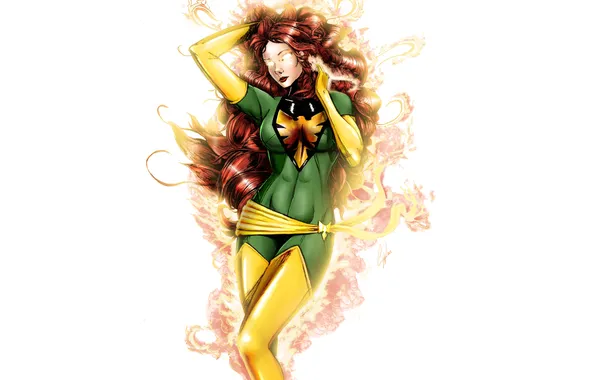 Look, pose, background, fire, art, costume, Phoenix, x-men