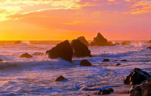 Picture sea, wave, the sky, the sun, sunset, rocks, shore, horizon