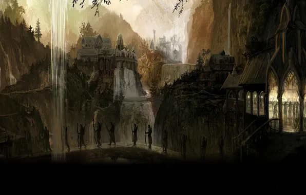 Mountains, bridge, nature, the city, elf, waterfall, Archer, The Lord of the Rings