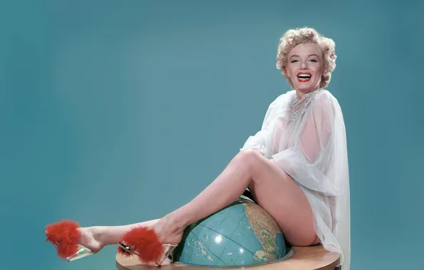 Smile, negligee, blonde, legs, sponge, globe