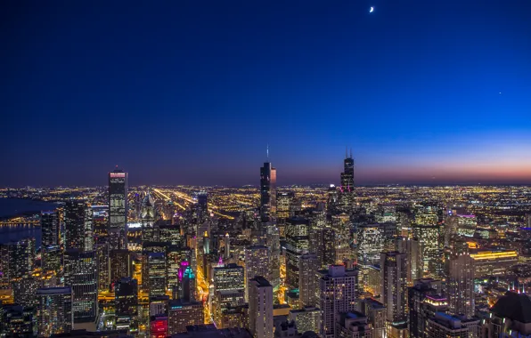 Picture the sky, stars, the city, lights, the moon, Chicago, Il, night