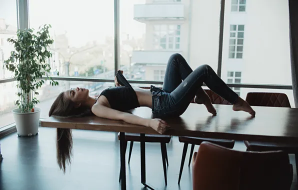 Ass, chest, pose, table, hair, Girl, jeans, hands