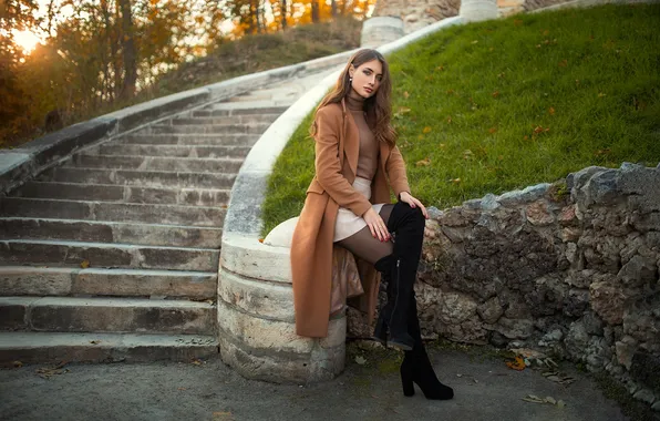 Picture girl, pose, boots, hands, ladder, legs, coat, long hair