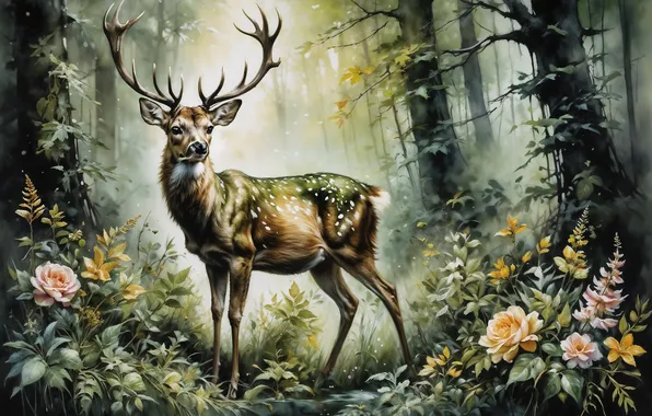 Forest, flowers, deer