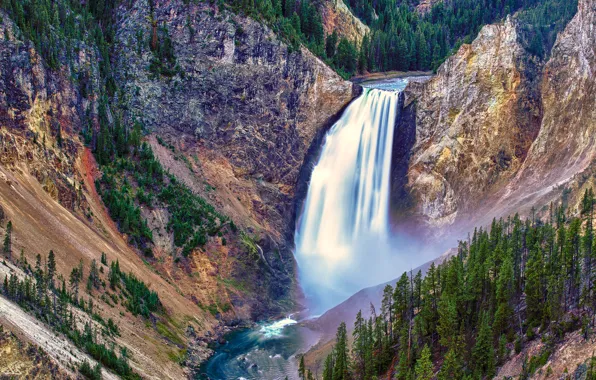 Picture trees, mountains, waterfall, stream, Yellowstone National Park, Lower Falls