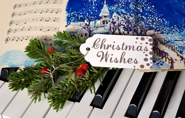 Winter, branches, berries, notes, music, the inscription, figure, keys