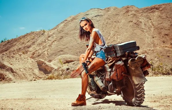 Picture sand, girl, gun, shorts, shoes, Mike, brunette, glasses
