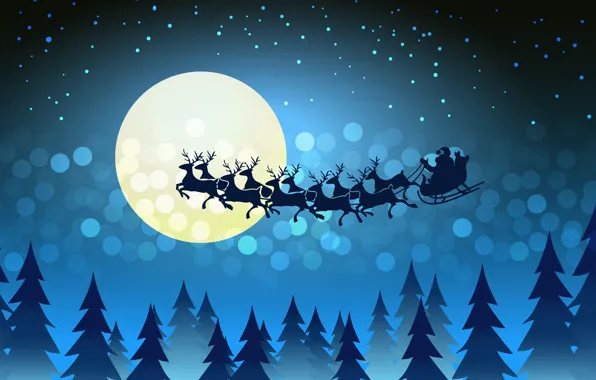 Picture Winter, Night, The moon, Christmas, New year, Santa Claus, Deer, Sleigh